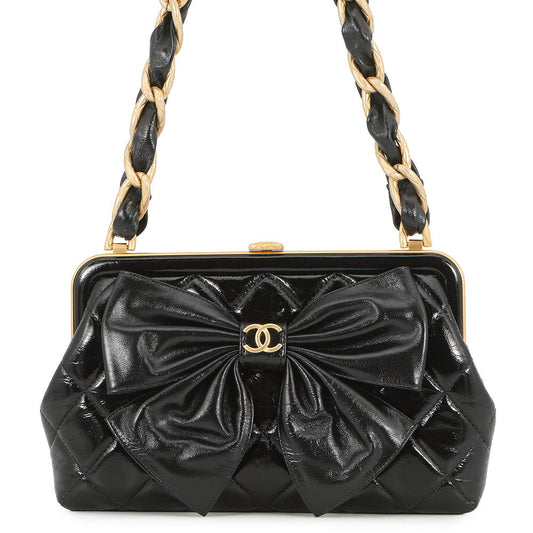 CHANEL Ribbon Chain Clutch Bag BlackAP4029 Patent Leather