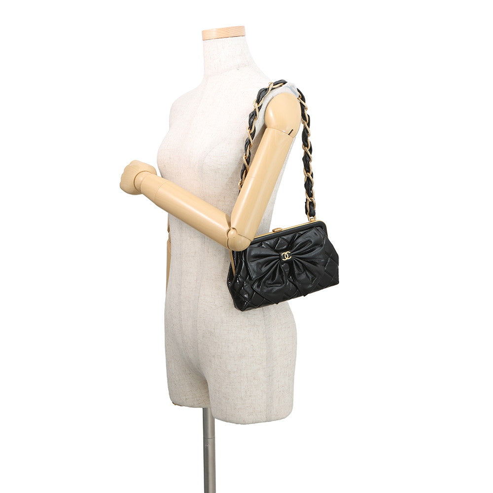 CHANEL Ribbon Chain Clutch Bag BlackAP4029 Patent Leather
