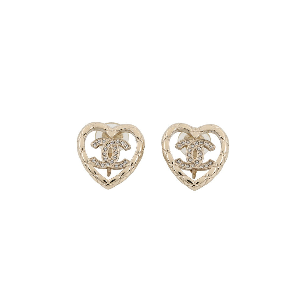 CHANEL CC Logo Heart Earrings Champagne Gold Gold Plated Rhinestone