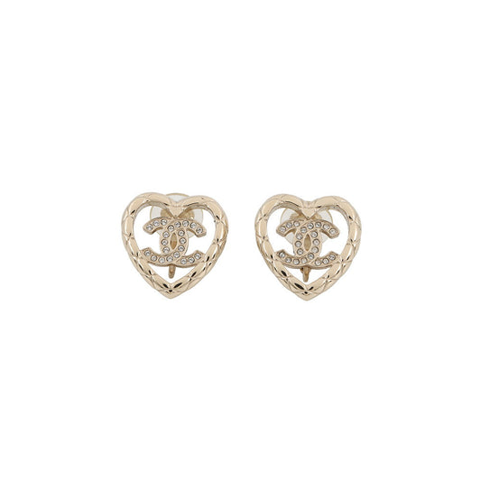 CHANEL CC Logo Heart Earrings Champagne Gold Gold Plated Rhinestone