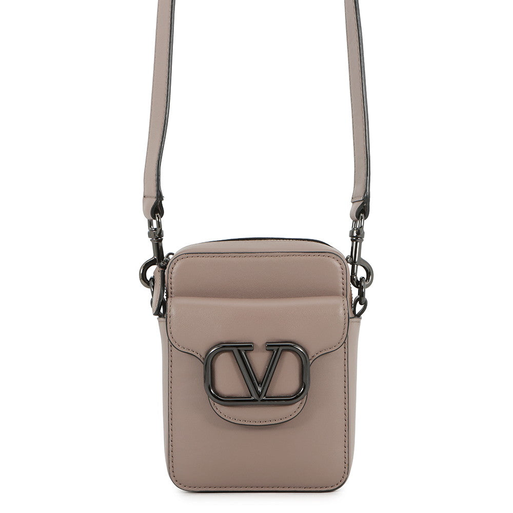 Valentino Garavani Loco V Logo Shoulder Bag Greige Leather