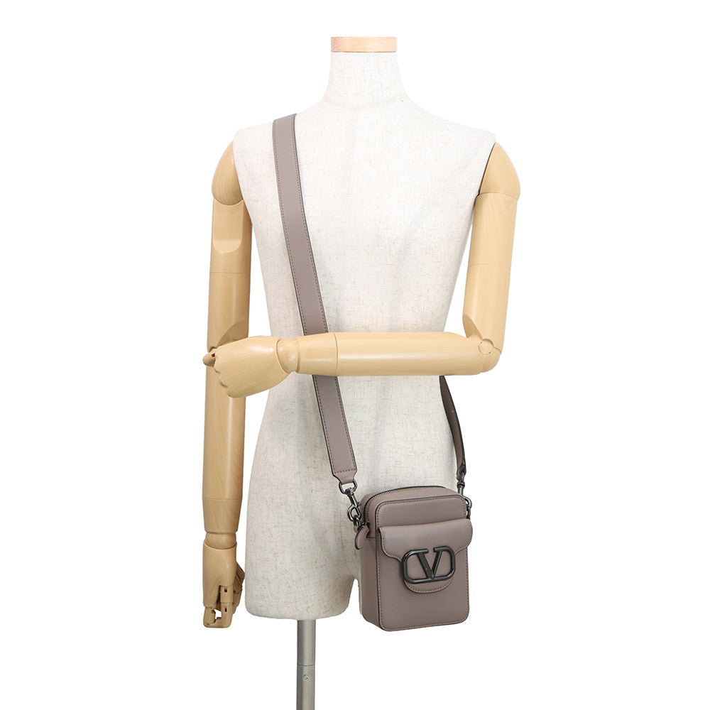 Valentino Garavani Loco V Logo Shoulder Bag Greige Leather