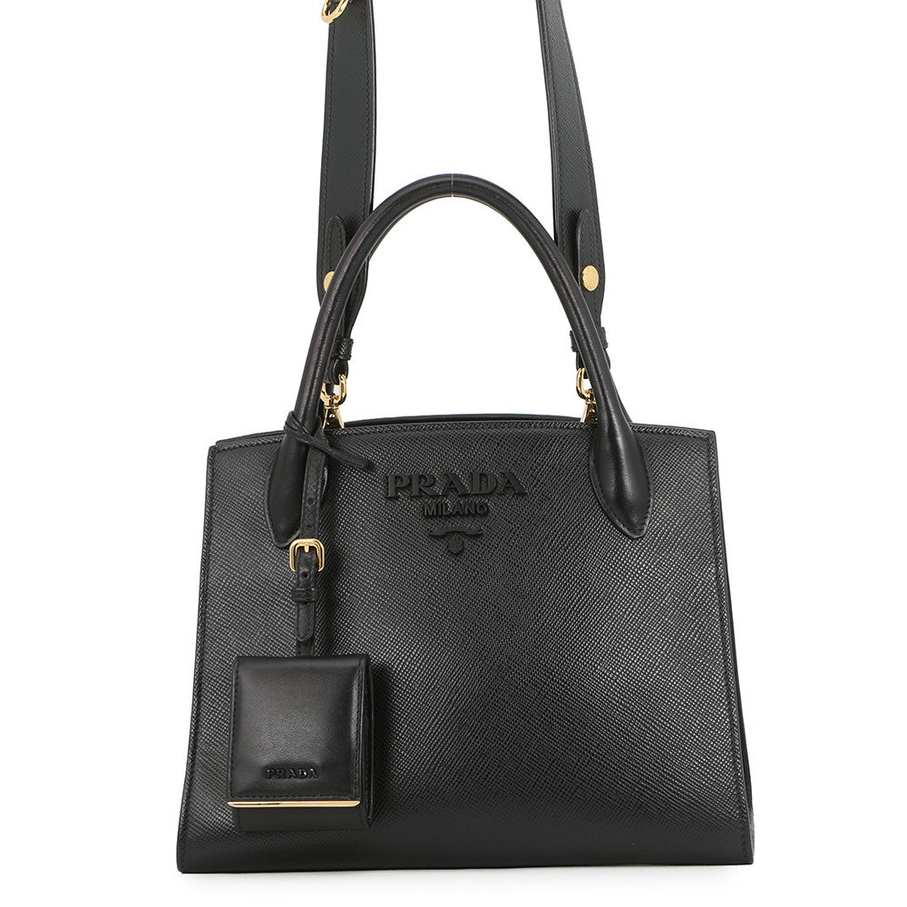 PRADA Mono Chrome 2-way Handbag Black1BA156 Saffiano LeatherLeather