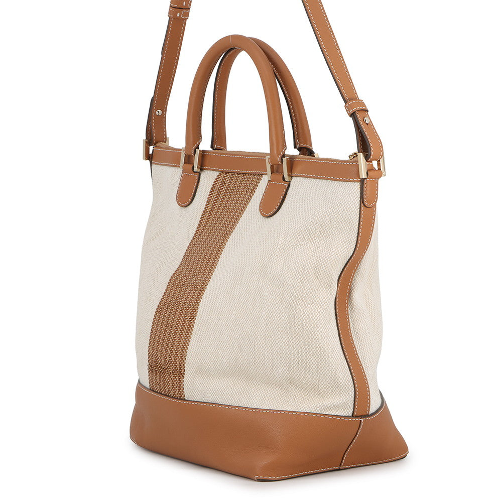 Delvaux Every D 2-way Tote Bag Beige/Brown Canvas Leather