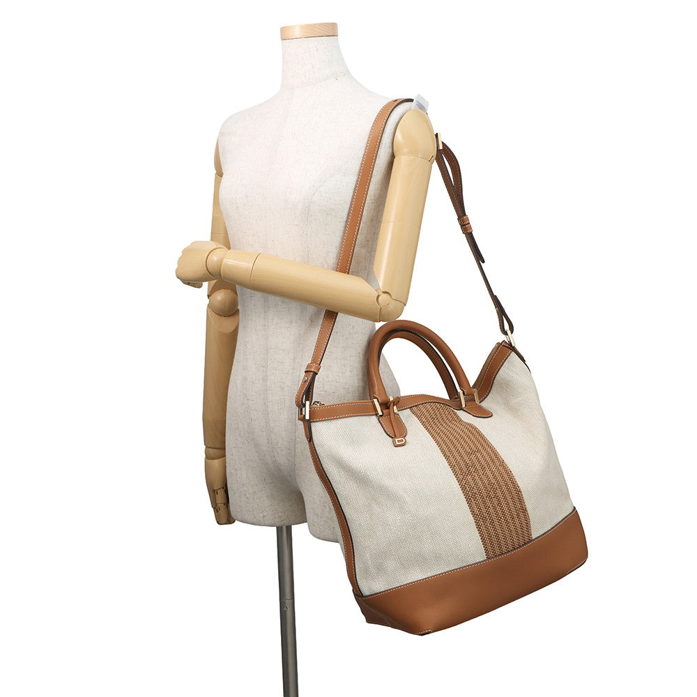 Delvaux Every D 2-way Tote Bag Beige/Brown Canvas Leather