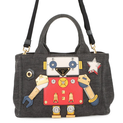 PRADA Mini Canapa Robot 2-Way Bag Black/Multicolor1BG439 Denim Leather