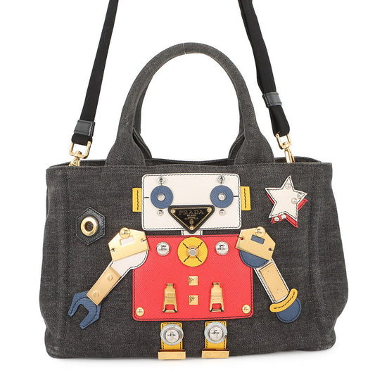 PRADA Mini Canapa Robot 2-Way Bag Black/Multicolor1BG439 Denim Leather