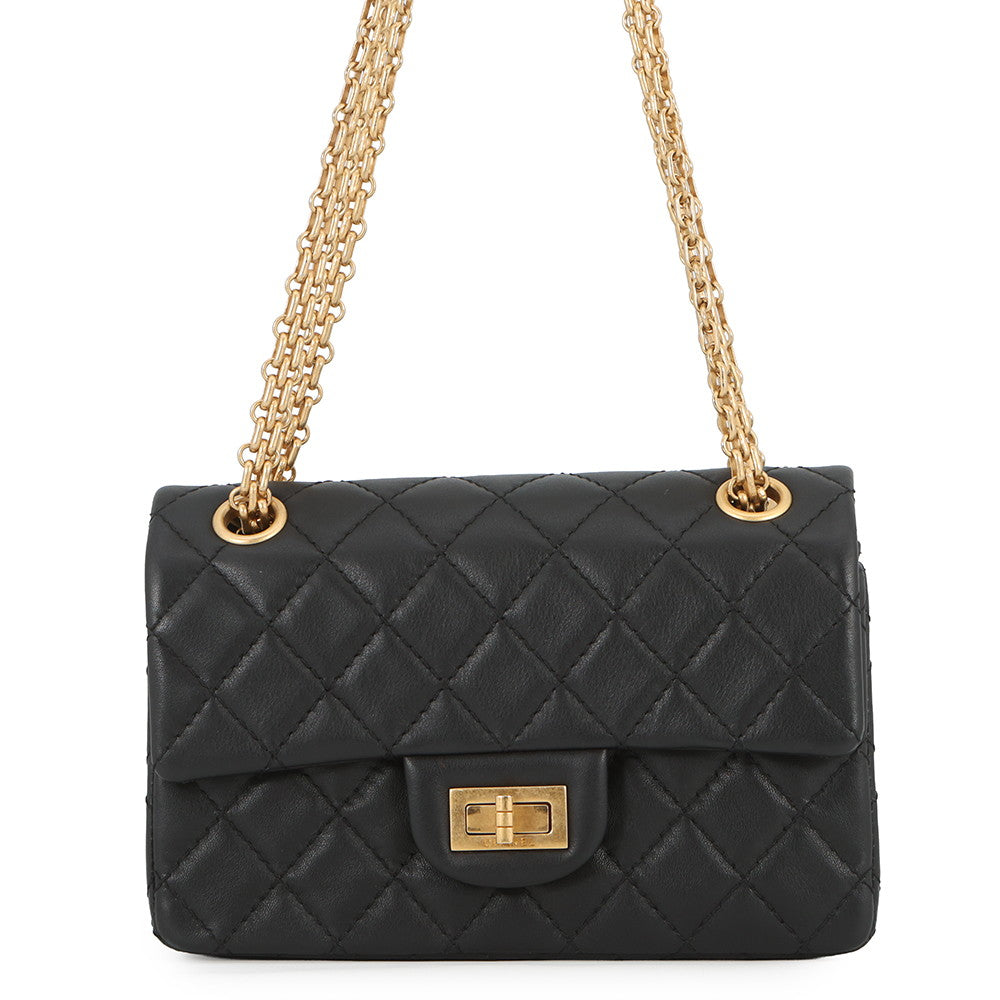CHANEL 2.55 Matelasse S Flap Chain Shoulder Bag Black Leather Size 20