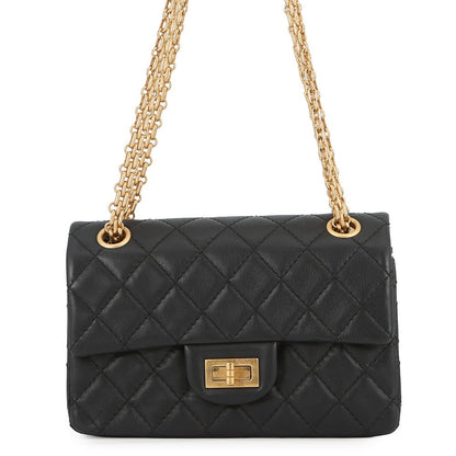 CHANEL 2.55 Matelasse S Flap Chain Shoulder Bag Black Leather Size 20