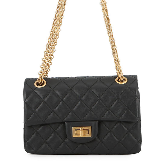 CHANEL 2.55 Matelasse S Flap Chain Shoulder Bag Black Leather Size 20