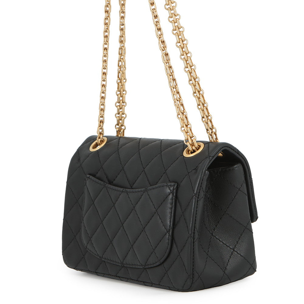 CHANEL 2.55 Matelasse S Flap Chain Shoulder Bag Black Leather Size 20