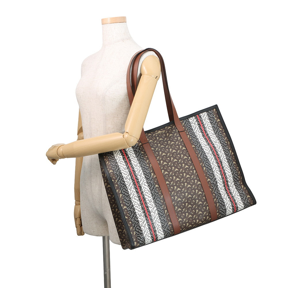 BURBERRY TBMonogram Stripe ECanvas Tote Bag Black PVC Leather