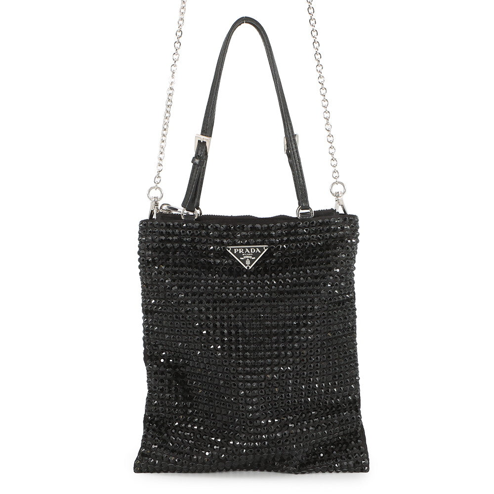 PRADA Triangle Logo 2-Way Bag Black1BA253 Crystal Satin Leather