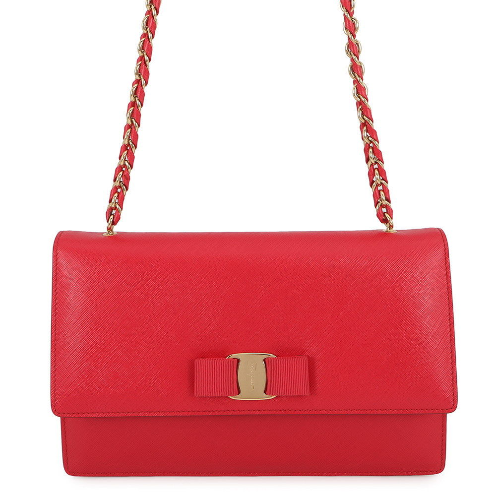 Ferragamo GINNY Vara Ribbon Chain Shoulder Bag Red21E480 Leather