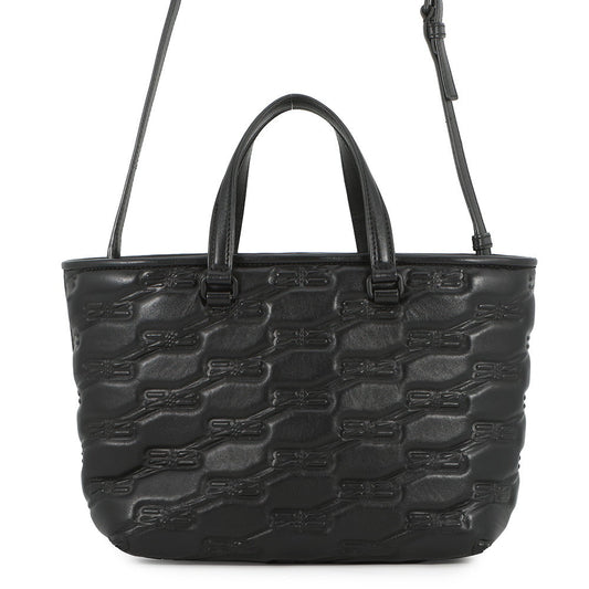 BALENCIAGA Signature BB Monogram Handbag Black702699 Calf Leather Size Small