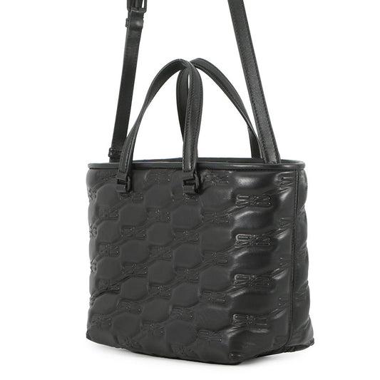 BALENCIAGA Signature BB Monogram Handbag Black702699 Calf Leather Size Small