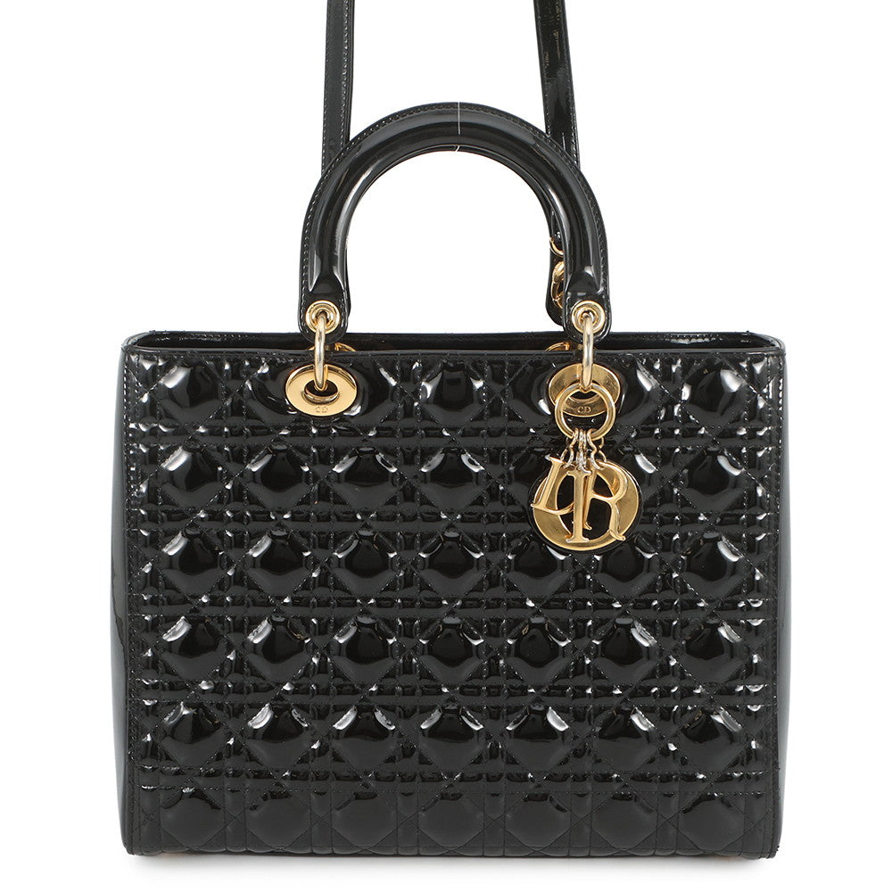 Dior Lady Dior 2way Bag Black Patent Leather Size Large