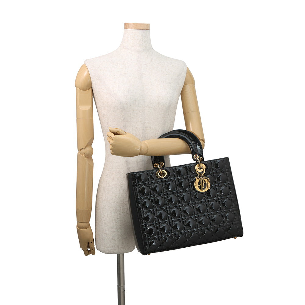 Dior Lady Dior 2way Bag Black Patent Leather Size Large