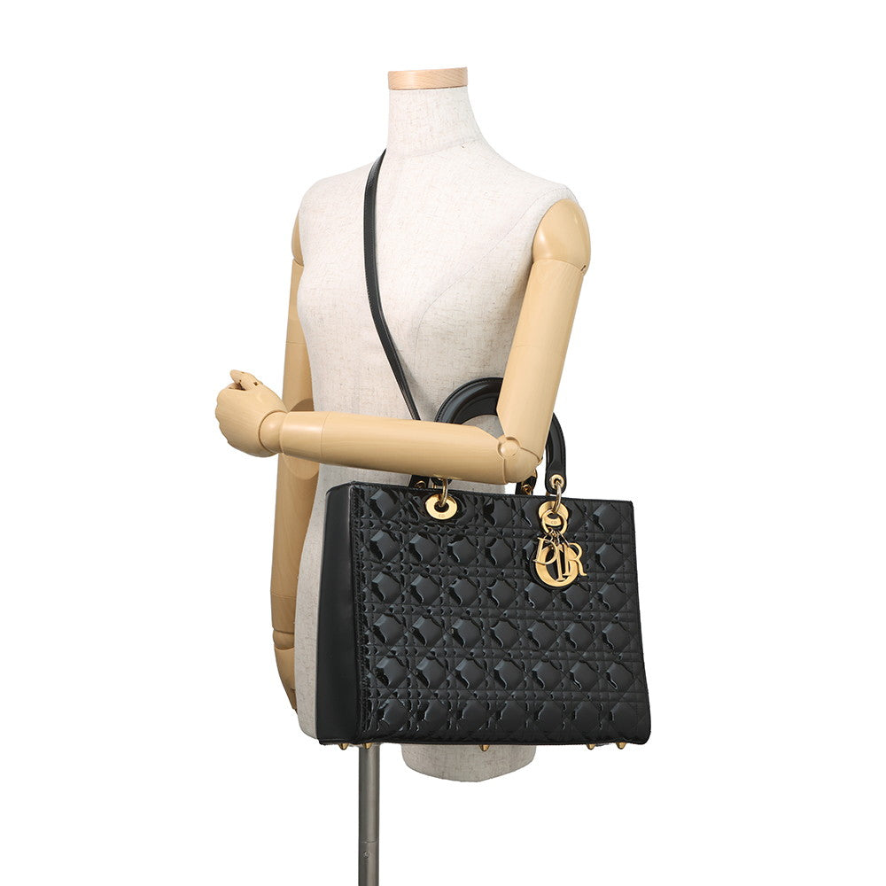 Dior Lady Dior 2way Bag Black Patent Leather Size Large