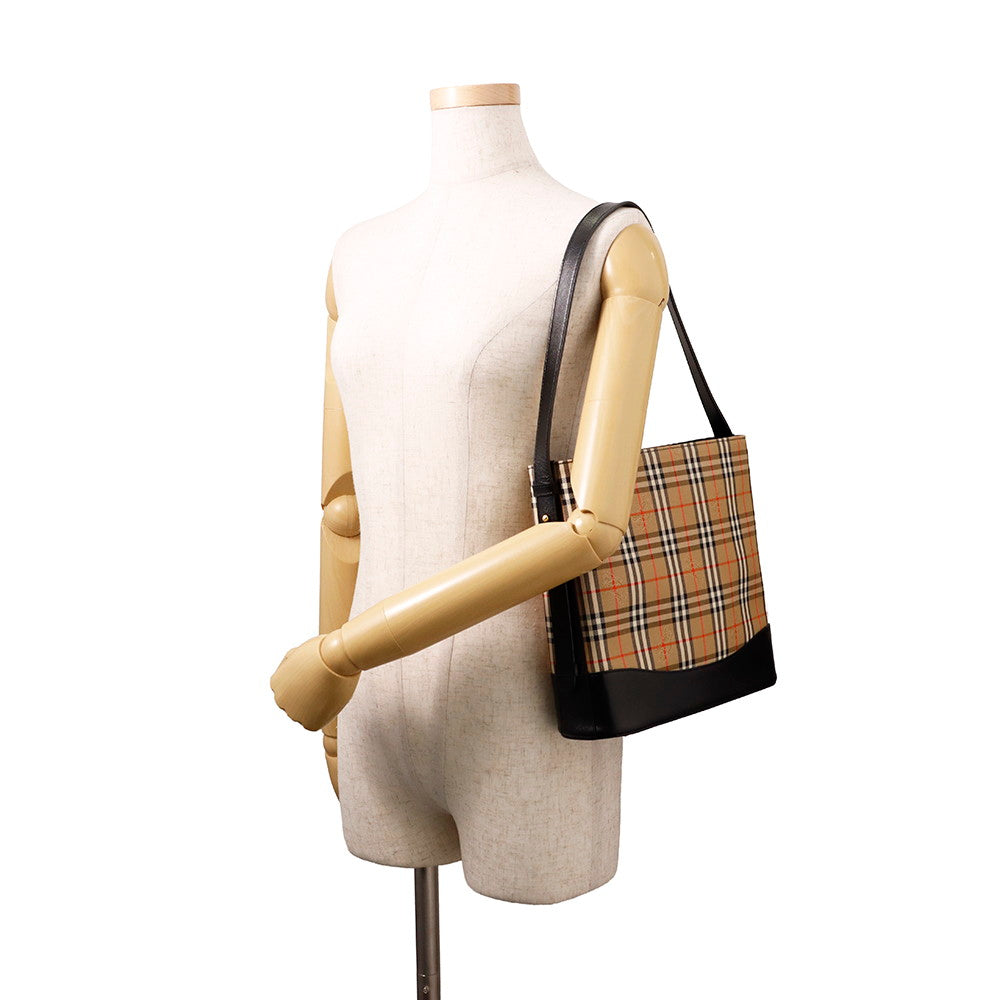 BURBERRY Check Shoulder Bag Brown/Black Canvas Leather