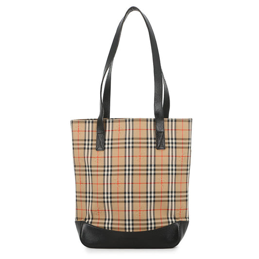 BURBERRY Check Tote Bag Beige/Black Canvas Leather