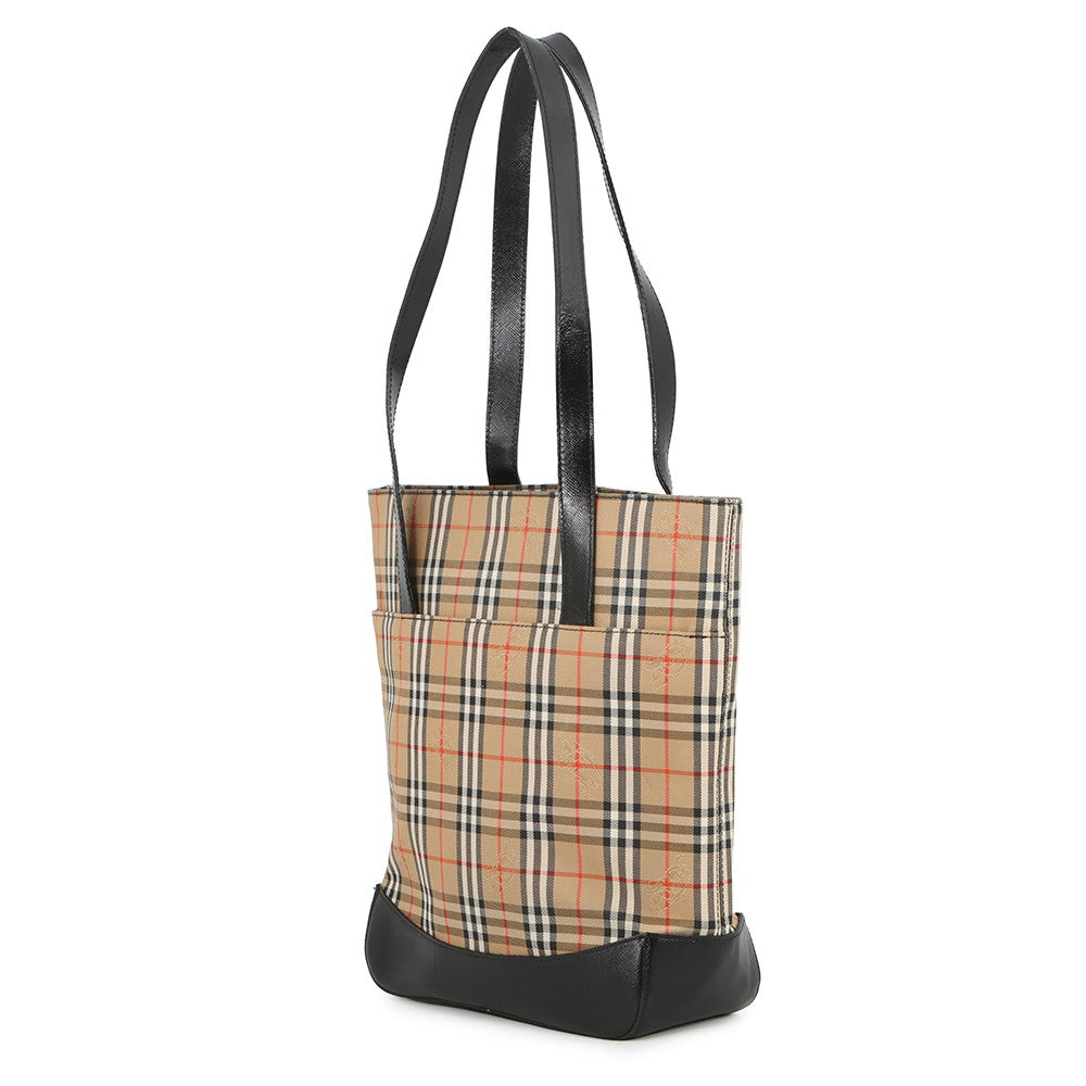 BURBERRY Check Tote Bag Beige/Black Canvas Leather