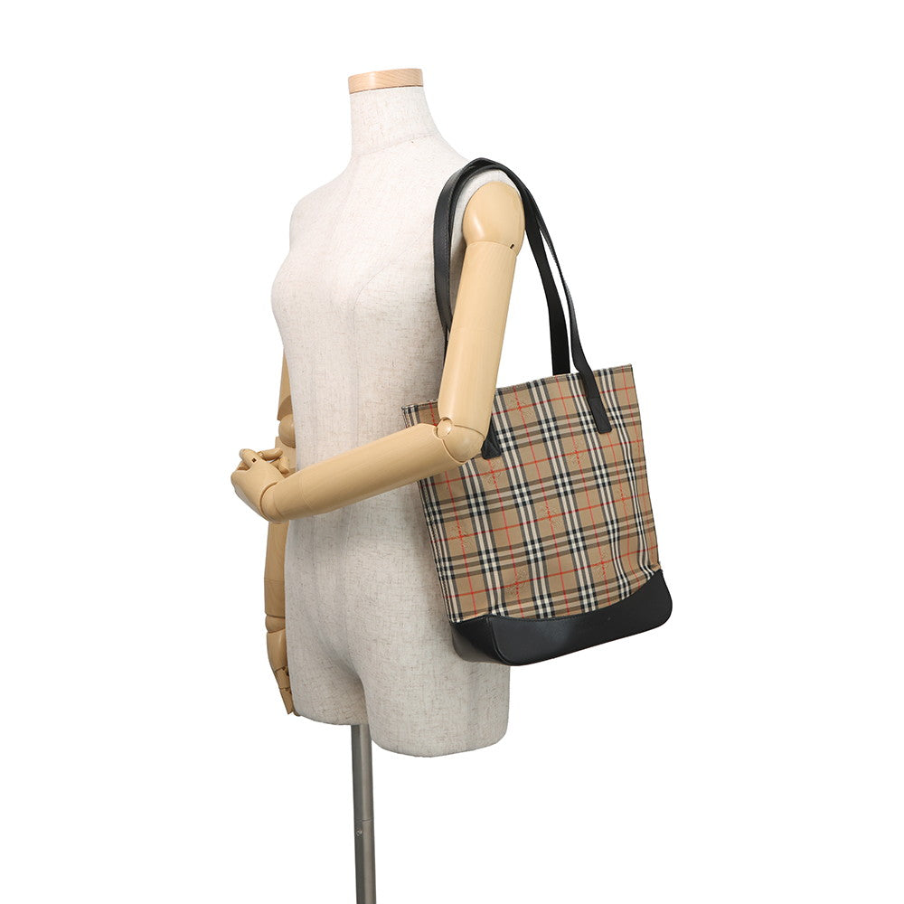 BURBERRY Check Tote Bag Beige/Black Canvas Leather