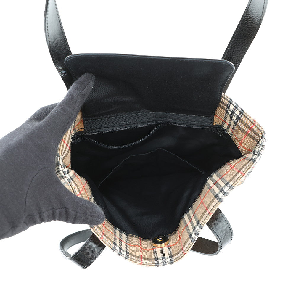 BURBERRY Check Tote Bag Beige/Black Canvas Leather