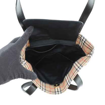 BURBERRY Check Tote Bag Beige/Black Canvas Leather