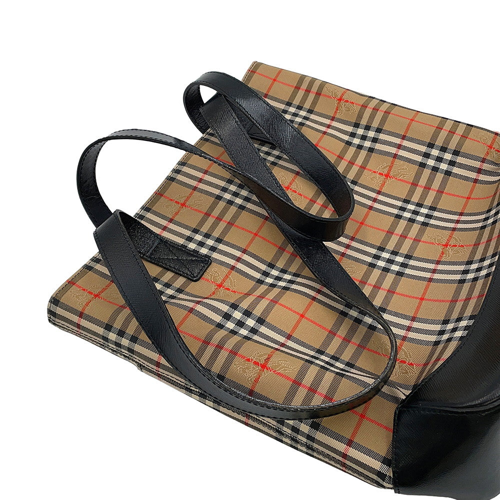 BURBERRY Check Tote Bag Beige/Black Canvas Leather