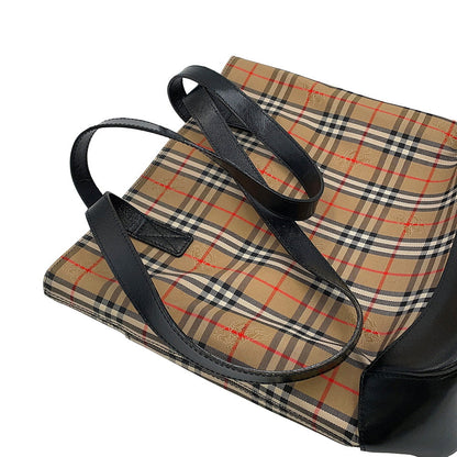 BURBERRY Check Tote Bag Beige/Black Canvas Leather
