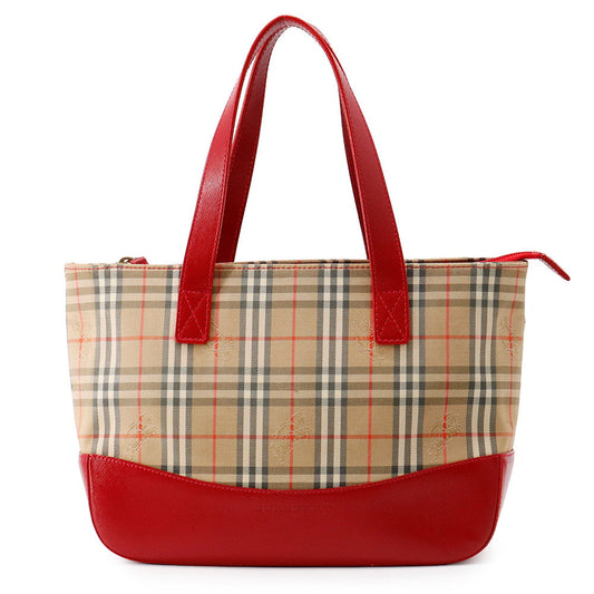 BURBERRY Check Tote Bag Red/Beige Canvas Leather