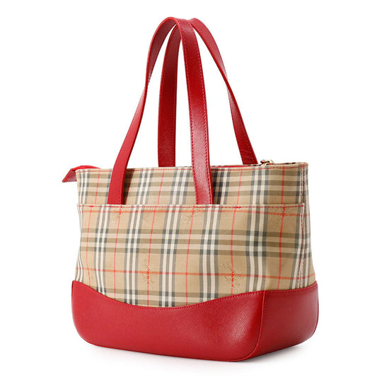 BURBERRY Check Tote Bag Red/Beige Canvas Leather
