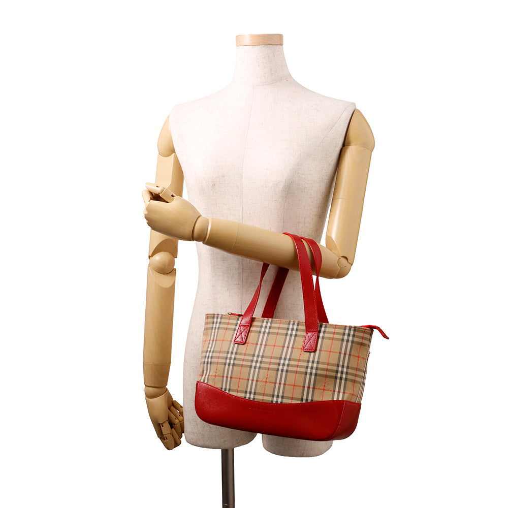BURBERRY Check Tote Bag Red/Beige Canvas Leather