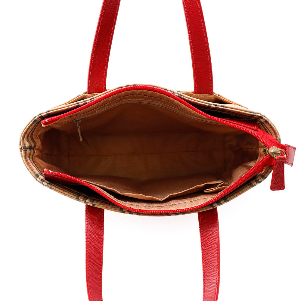 BURBERRY Check Tote Bag Red/Beige Canvas Leather