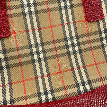 BURBERRY Check Tote Bag Red/Beige Canvas Leather