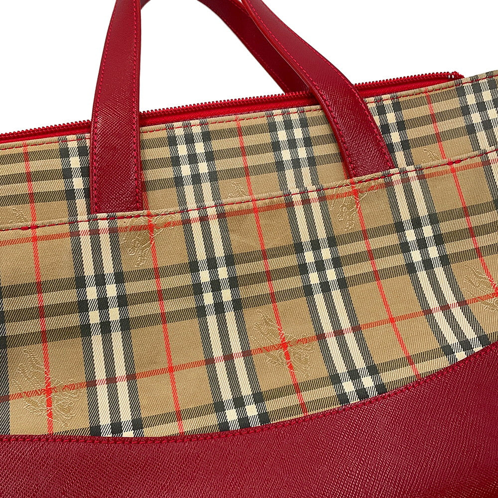 BURBERRY Check Tote Bag Red/Beige Canvas Leather