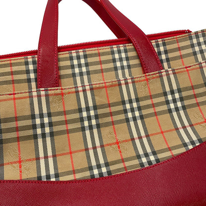 BURBERRY Check Tote Bag Red/Beige Canvas Leather