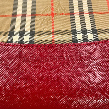 BURBERRY Check Tote Bag Red/Beige Canvas Leather