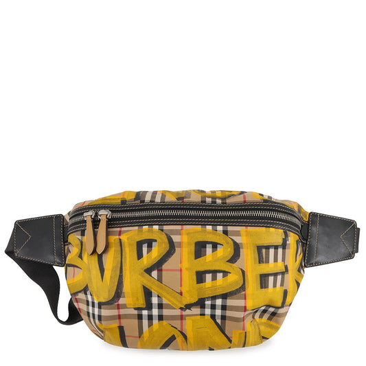 BURBERRY SONNY Vintage Check Print Crossbody Bag Beige/Yellow/Black40742141 Nylon Leather Size Large