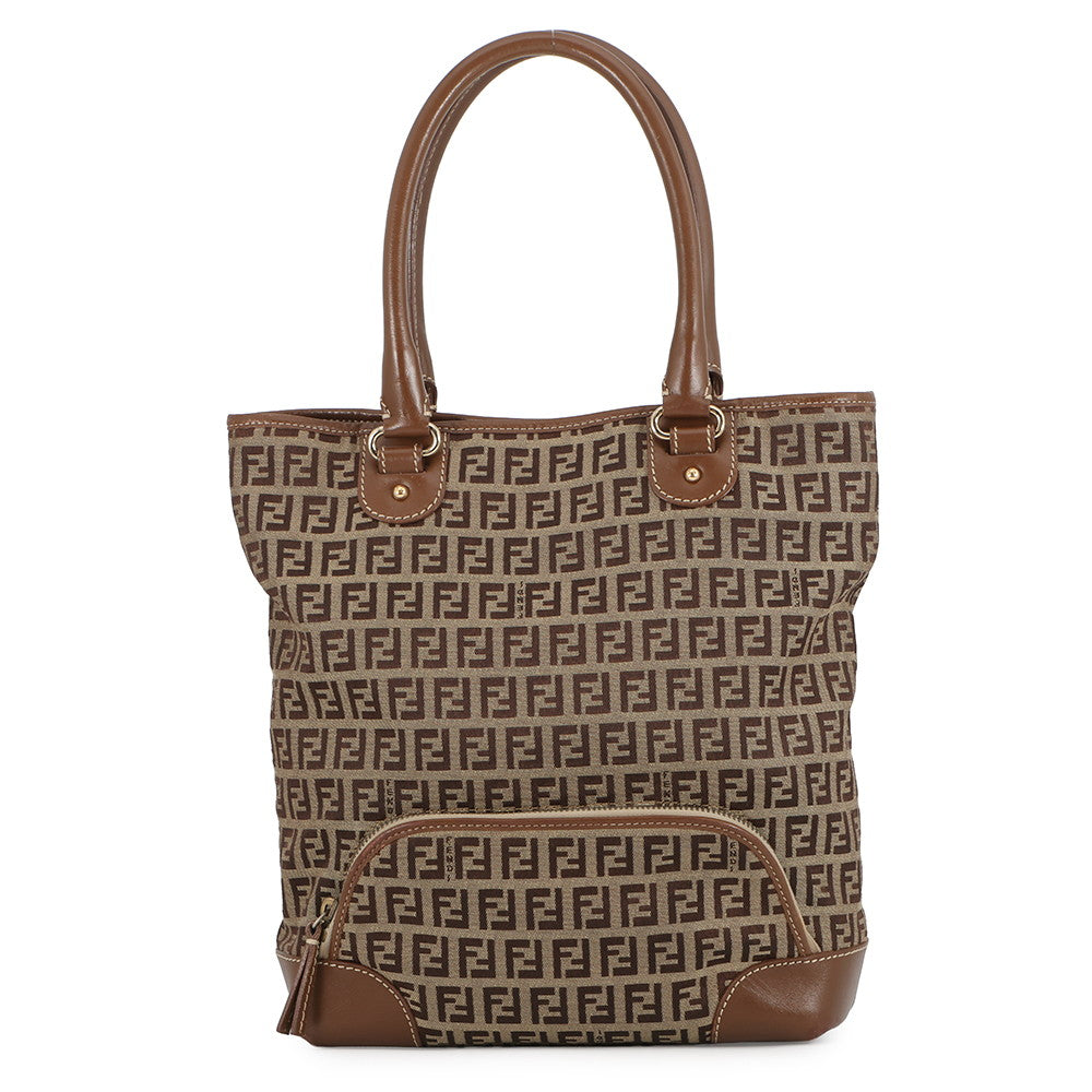 FENDI Zucchino Tote Bag Khaki/Brown8BH139 Canvas Leather
