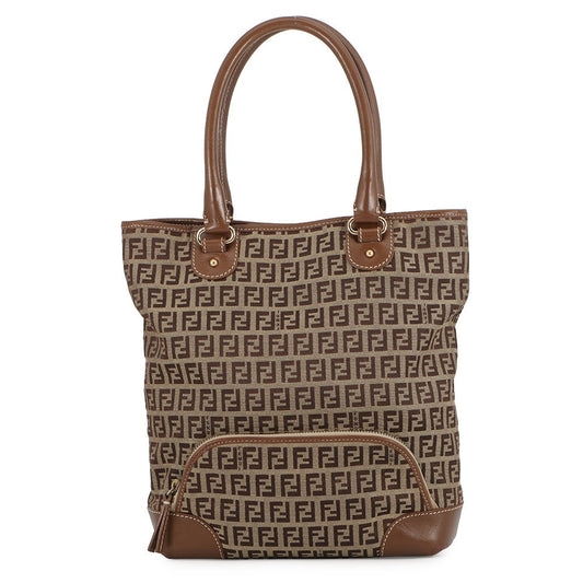 FENDI Zucchino Tote Bag Khaki/Brown8BH139 Canvas Leather