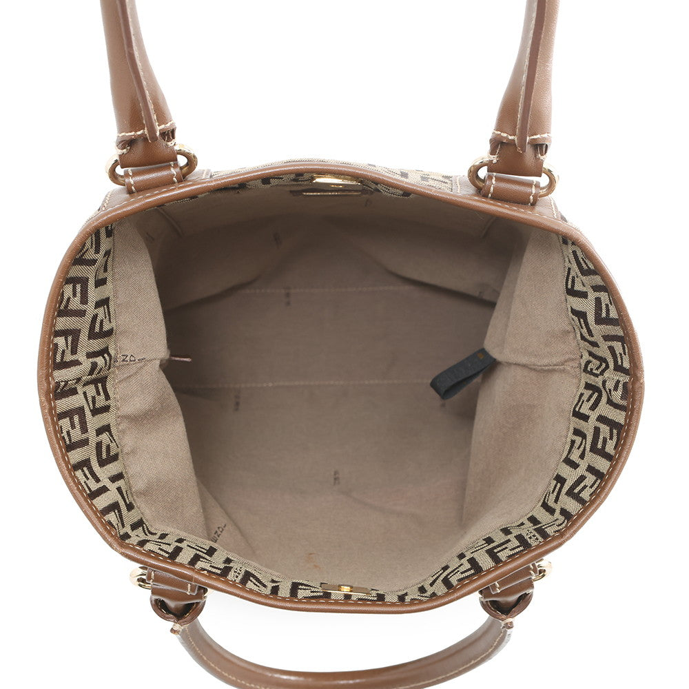 FENDI Zucchino Tote Bag Khaki/Brown8BH139 Canvas Leather