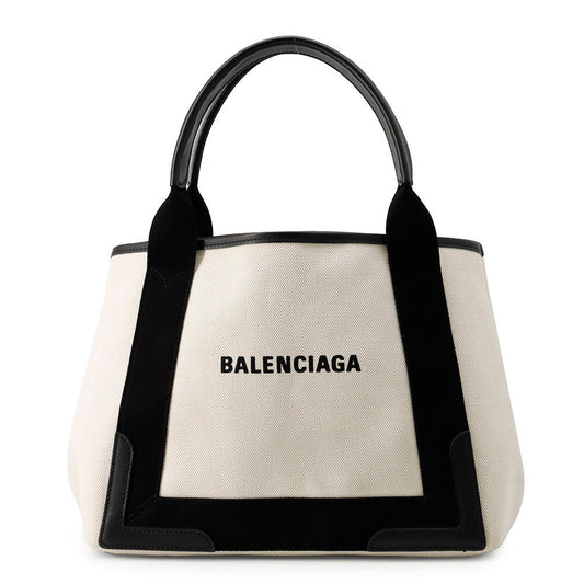 BALENCIAGA Navy Cabas Tote Bag White/Black339933 Canvas Leather Size S