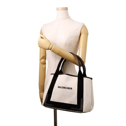 BALENCIAGA Navy Cabas Tote Bag White/Black339933 Canvas Leather Size S