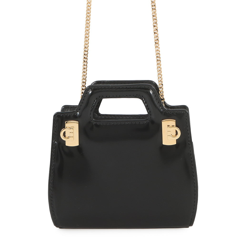 Ferragamo Gancini Chain Pouch Black213984 Patent Leather