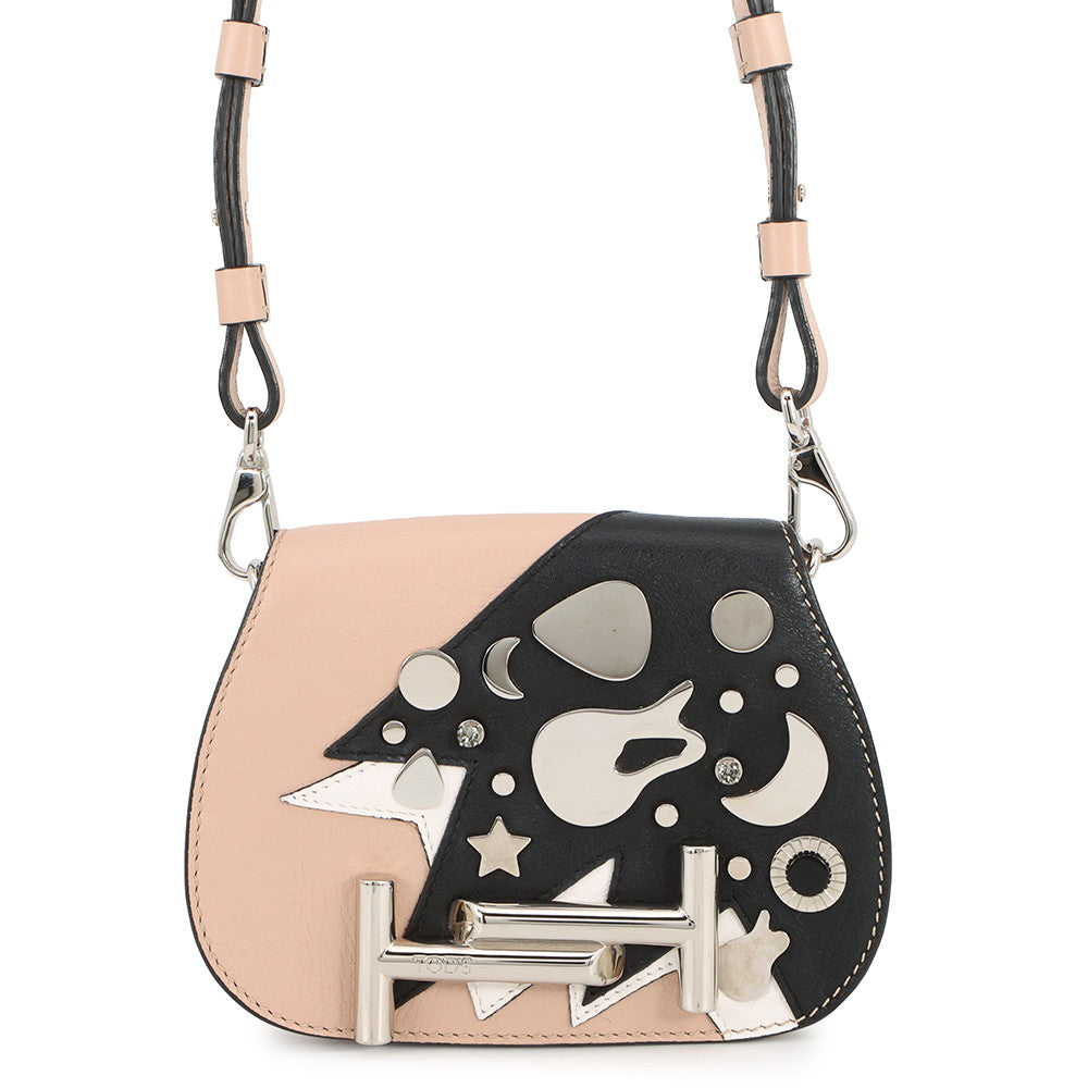 TOD’S Double-T Shoulder Bag Jasmin Flower/Black/White Leather Rhinestone
