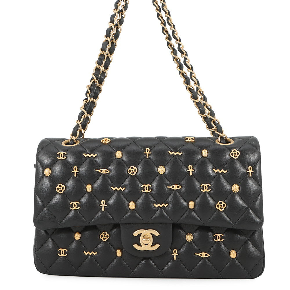CHANEL Matelasse Double Flap Egyptian Bag Charm Chain Shoulder Bag BlackA01112 Lambskin Size 25