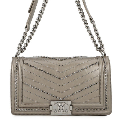 CHANEL Boy Chanel Studded ChainShoulder Bag MetalicGrayA67086 Vintage calf Size 25