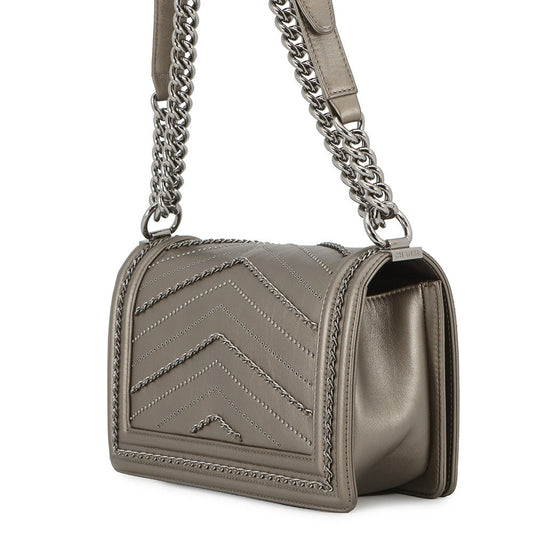 CHANEL Boy Chanel Studded ChainShoulder Bag MetalicGrayA67086 Vintage calf Size 25